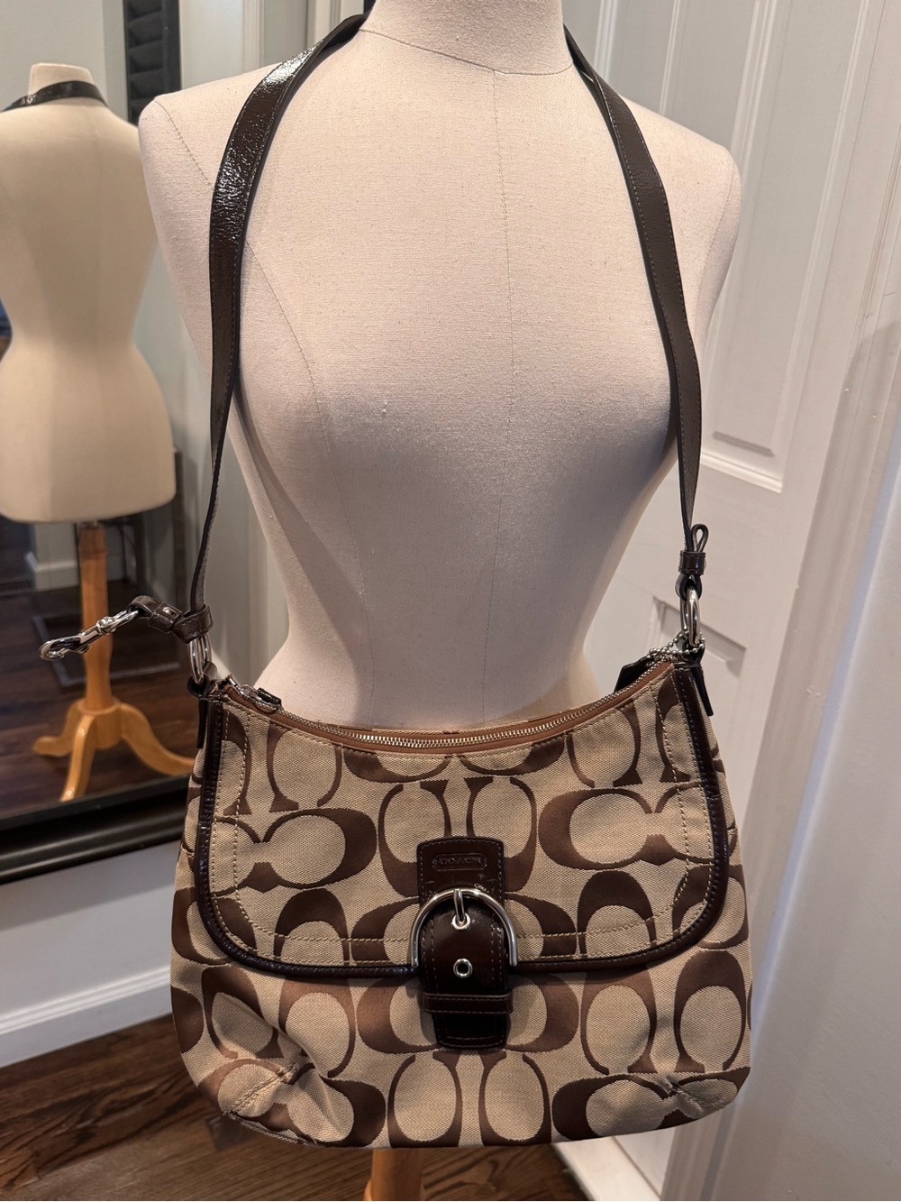 COACH Brown Signature Canvas Shoulder Bag with Buckle Accent - Picture 2 of 5